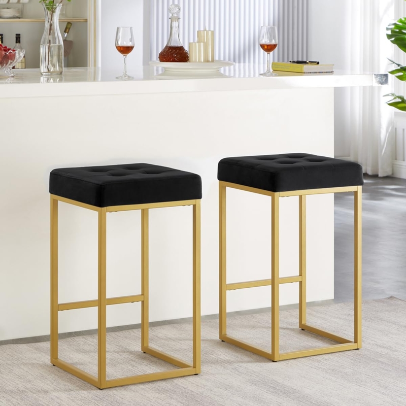 Bar Stool Tufted Seat Backless Gold Frame Contemporary Glam Design