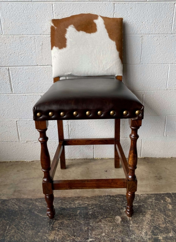 Bar Stool: Turned Spindle Legs, Arched Backrest Nailhead Studs Cowhide