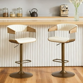 Bar Stool Vertical Slats Antique Brass Barrel Back Off White Glam