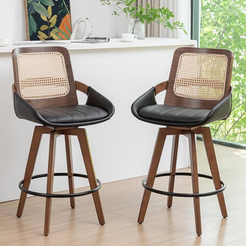 Bar Stool Walnut Swivel with Black Channeled Seat and Curved Arms