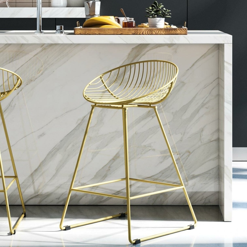 Bar Stool Wireframe Seat Sculptural Silhouette Gold Finish