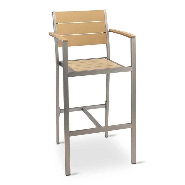 Bar Stool with Arms Tan Synthetic Teak Slats Brushed Aluminum Outdoor
