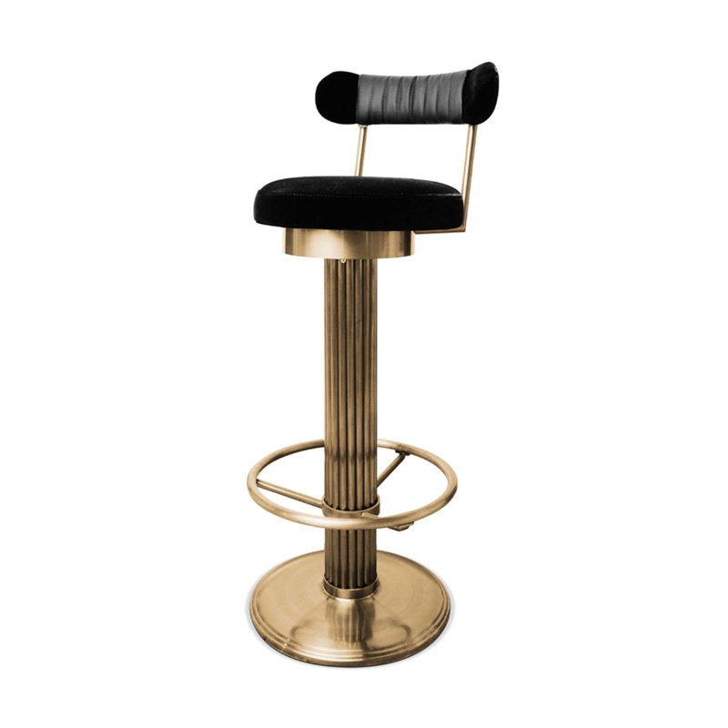 Bar Stool with Bolster Backrest, Fluted Brass Pedestal and Black Seat