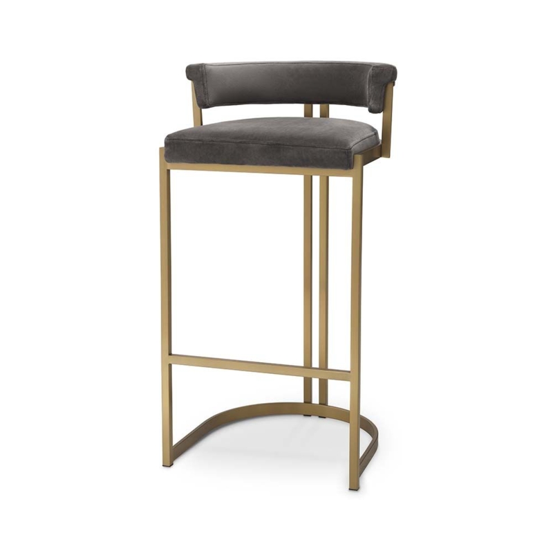 Bar Stool with C-Shaped Base in Brushed Gold and Charcoal Grey Fabric