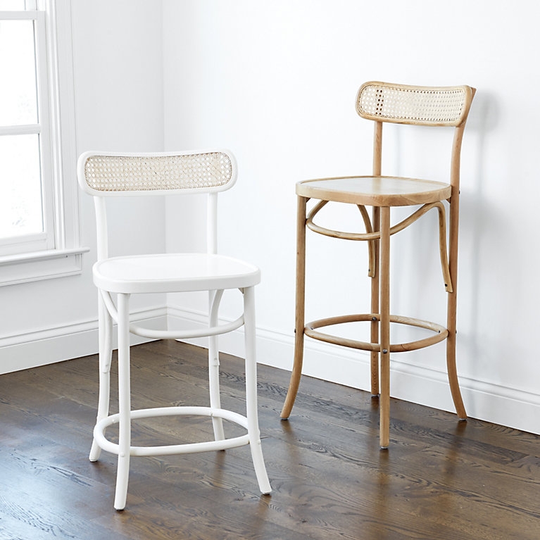 Bar Stool with Cane Backrest, Curved Bentwood Frame, Footrest Ring.