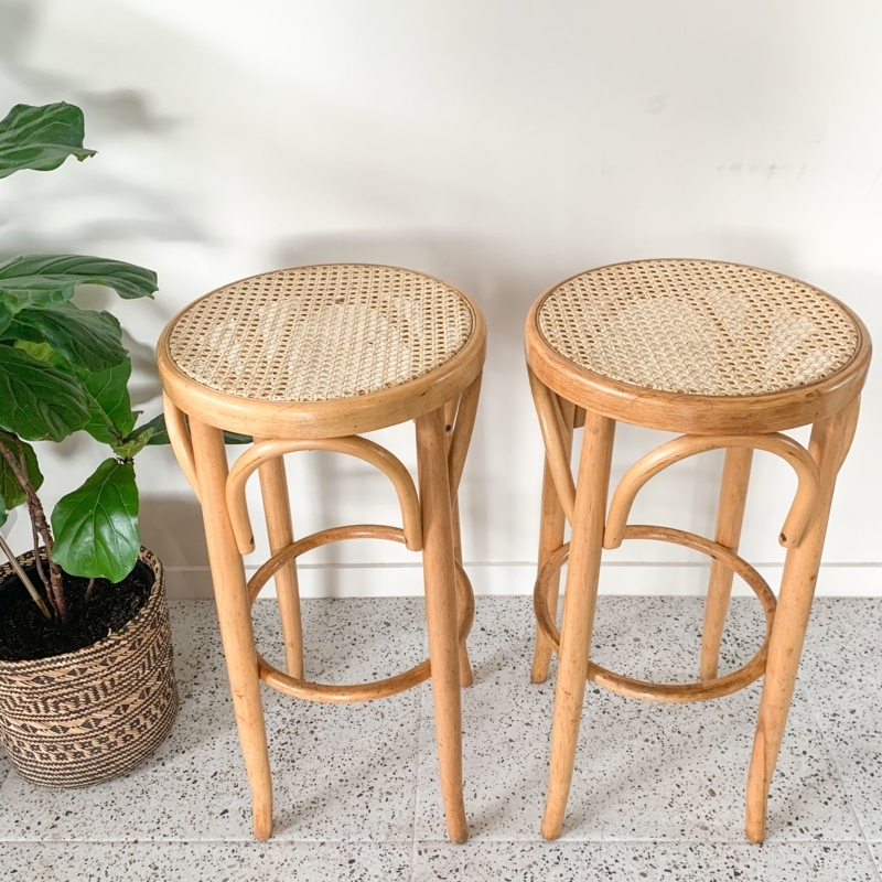 Bar Stool with Cane Webbing Seat, Backless, Honey Oak Bentwood Frame.