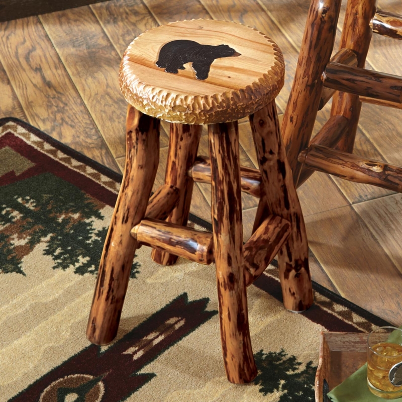 Bar Stool with Carved Bear Silhouette and Chiseled Seat Edge