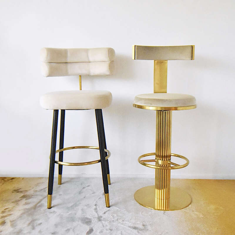 Bar Stool with Channeled Backrest and Polished Gold Fluted Pedestal Base