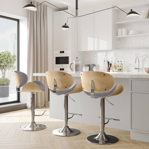 Bar Stool with Chrome Pedestal Base, Adjustable Height, Grey Seat.