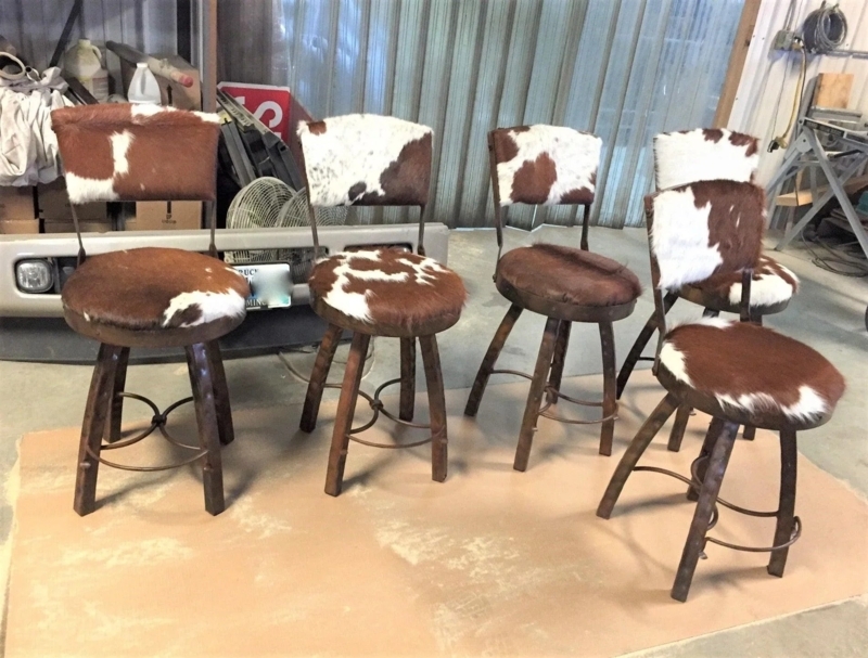 Bar Stool with Circular Seat, Curved Legs & Iron Frame Hair on Hide