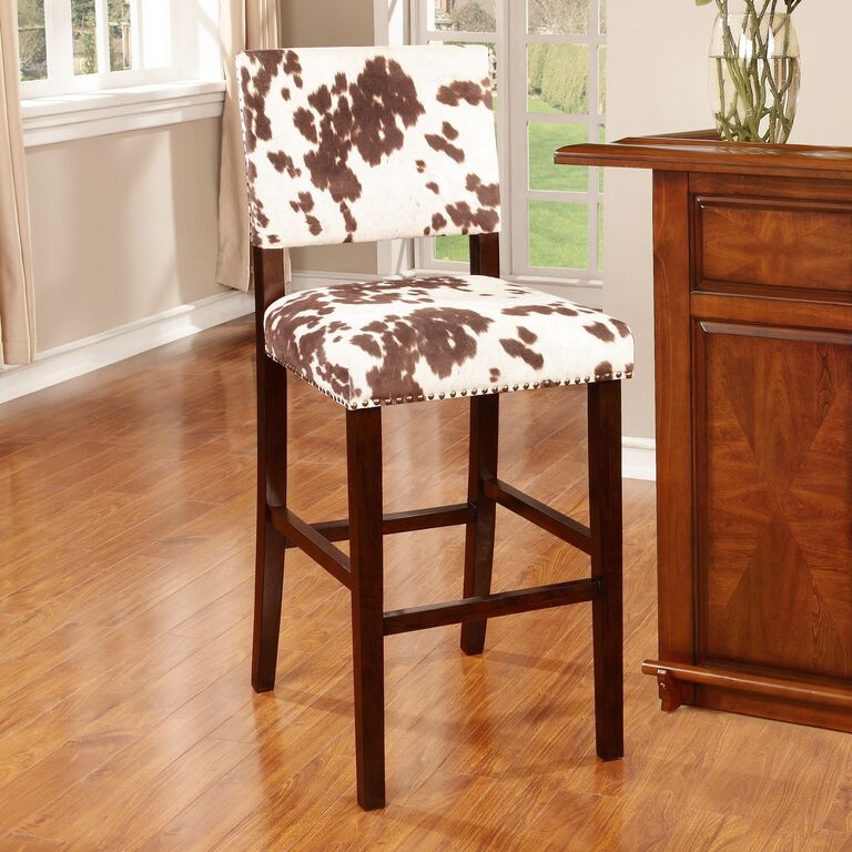Bar Stool with Cowhide Print, Square Back Nailhead Trim Dark Wood
