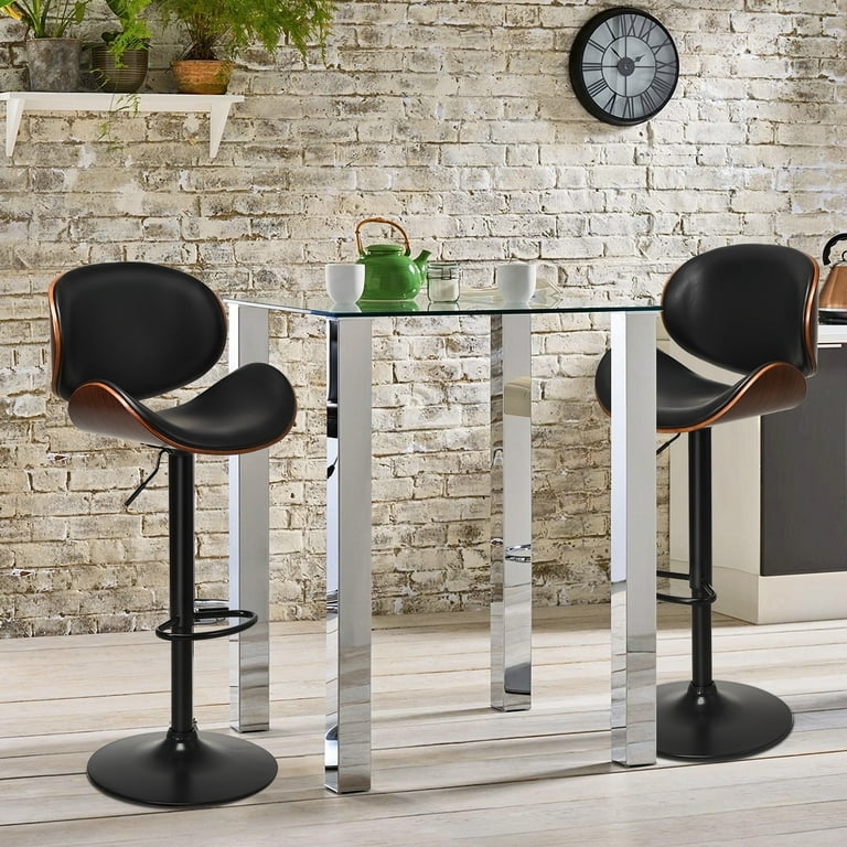 Bar Stool with Curved Silhouette, Adjustable Swivel, Black Seat.