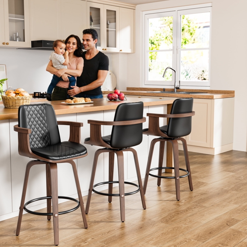 Bar Stool with Diamond Quilted Back, Curved Bentwood Arms, Swivel.