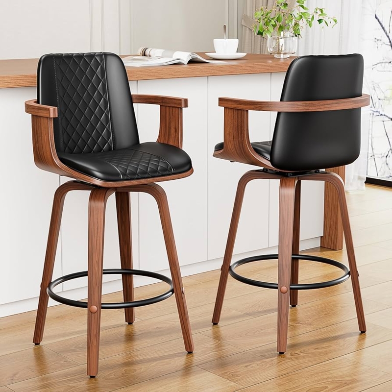 Bar Stool with Diamond Quilting, Curved Arms, Swivel Base, Black.