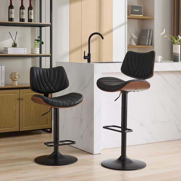 Bar Stool with Fan Quilted Back, Walnut Bentwood Shell, Adjustable.