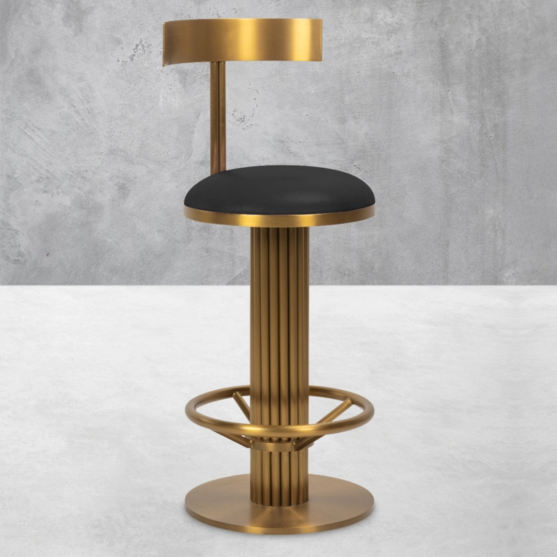 Bar Stool with Fluted Column Base in Brushed Brass and Black