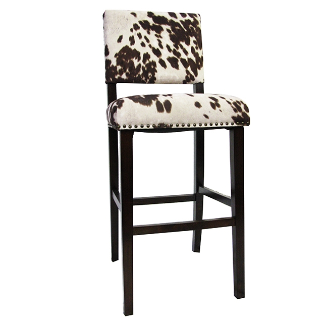 Bar Stool with High Rectangular Back, Cowhide Pattern & Dark Stain