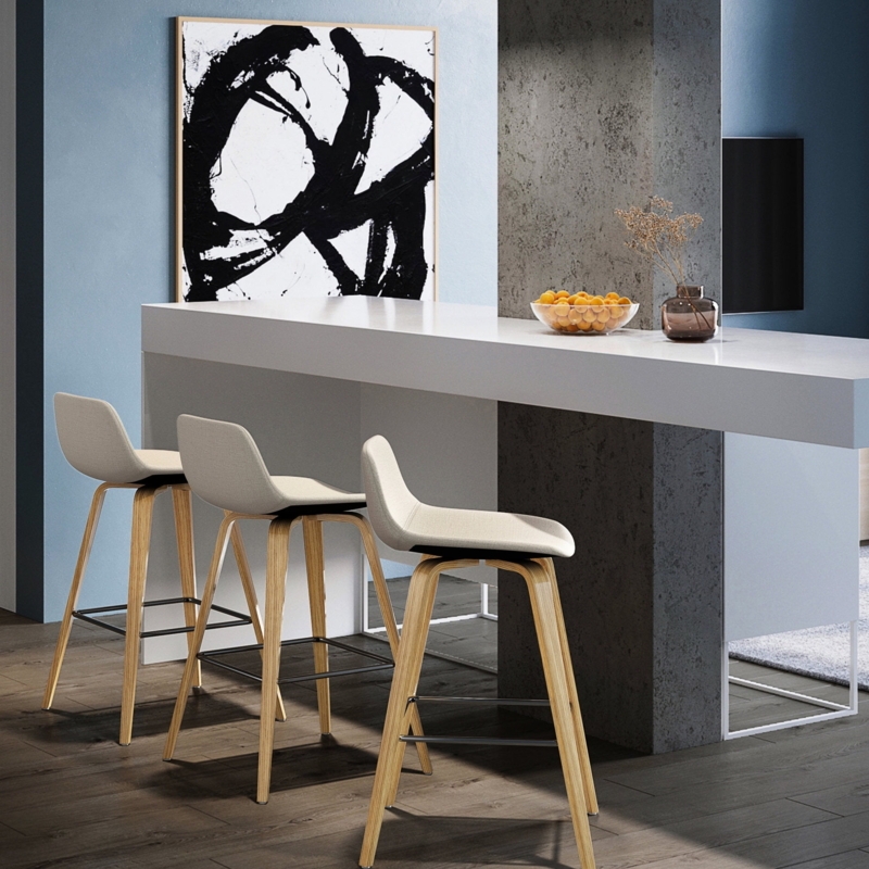 Bar Stool with Low Profile Seat, Tapered Bentwood Legs, Off-White.
