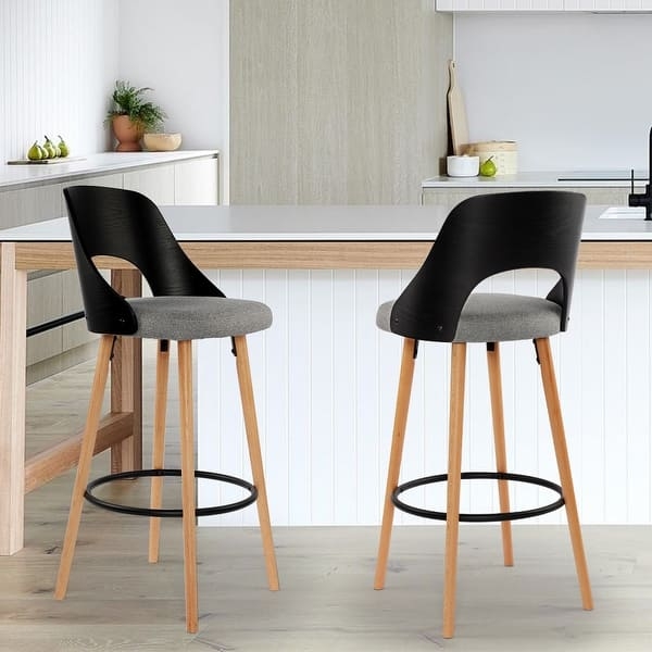 Bar Stool with Open Back Cutout, Tapered Legs, Grey Upholstered Seat.