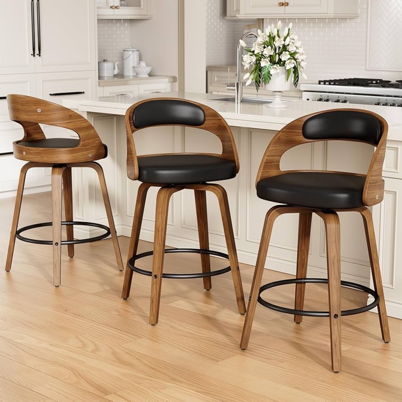 Bar Stool with Open Elliptical Back, Swivel Base, Black Padded Seat.