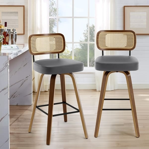 Bar Stool with Rattan Cane Back, Swivel Seat, Walnut Bentwood Legs.