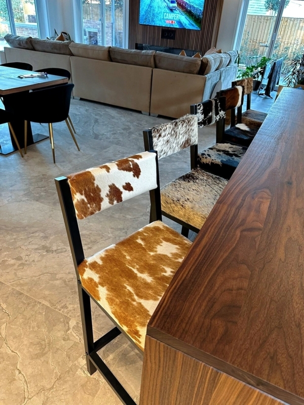 Bar Stool with Slim Profile Matte Black Frame, Unique Natural Cowhide
