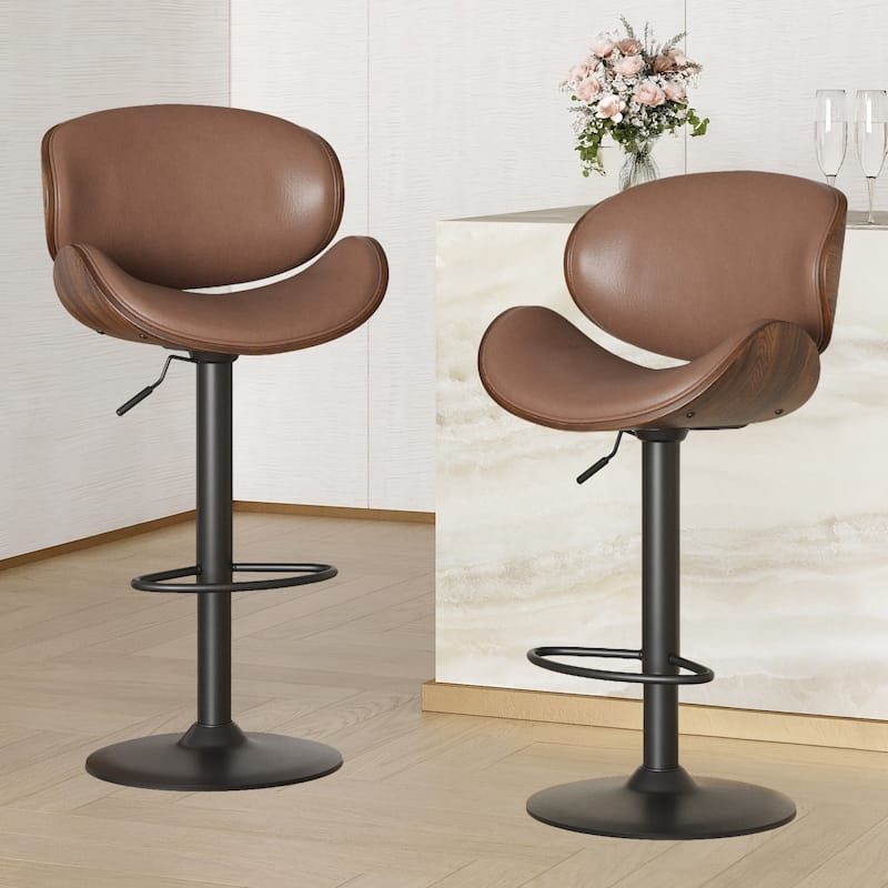 Bar Stool with Swivel Base, Adjustable Height, Curved Bentwood Back.
