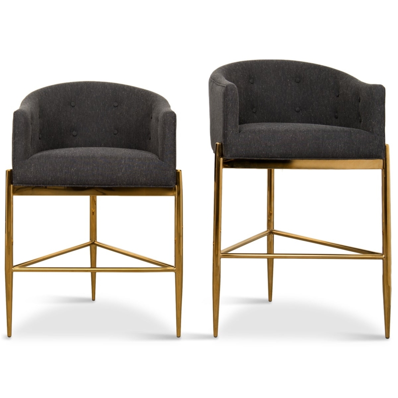Bar Stool with Triangular Footrest, Button Tufting and Gold Frame