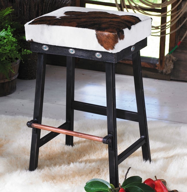 Bar Stool with Turquoise Conchos, Copper Footrest & Rectangular Seat