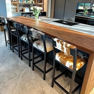 Bar Stool with Varied Hide Patterns, Matte Black Frame Low Back Rustic