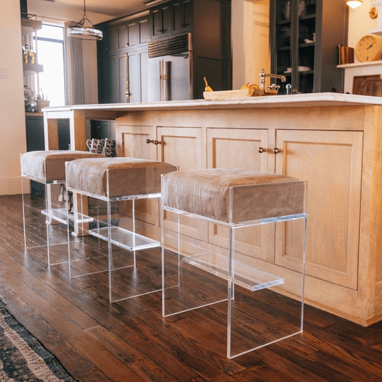 Bar Stool with Waterfall Frame and Thick Taupe Cushion, Acrylic Counter Seating