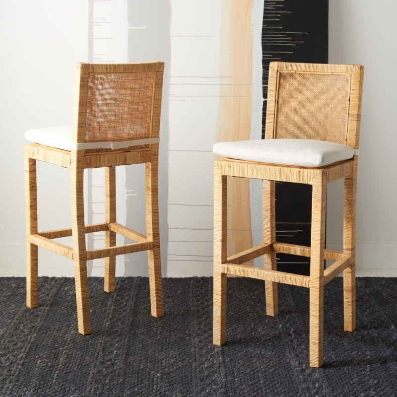 Bar Stool with Woven Cane Back and Wrapped Rattan Frame Coastal Cushion
