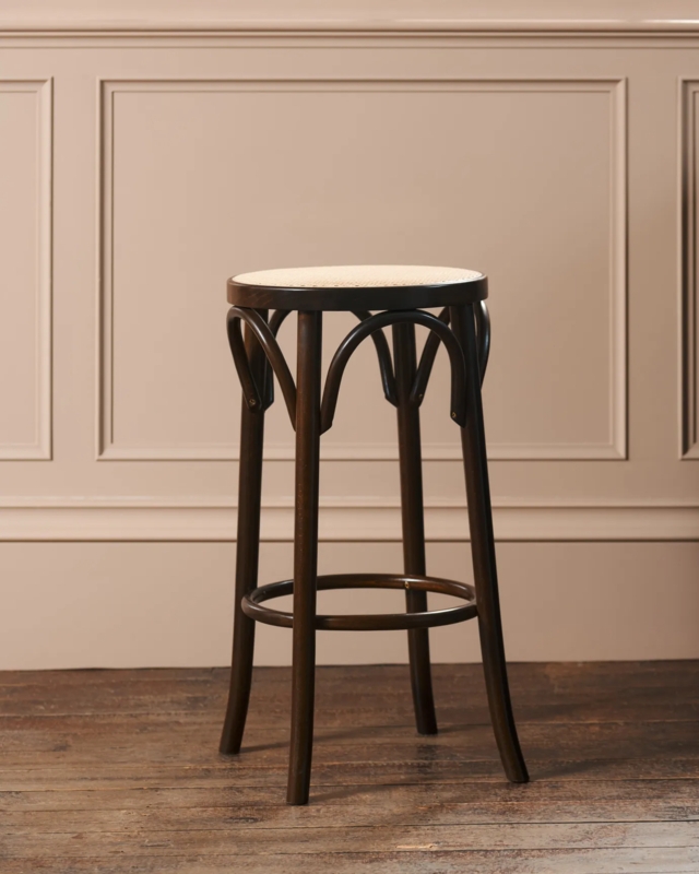Bar Stool with Woven Seat, Backless Design, Dark Wood Bentwood Frame.
