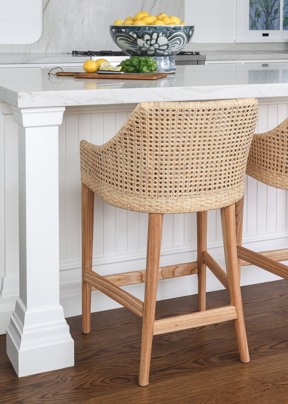 Bar Stool Wood Toned Frame with Hexagonal Cane Weave and Curved Back