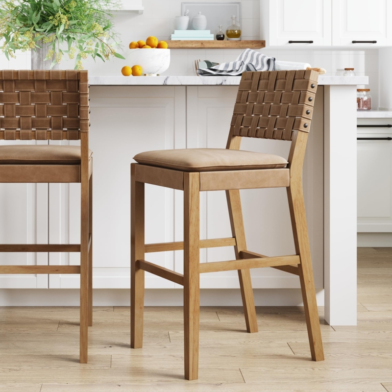 Bar Stool Woven Strap Back Natural Wood Frame Transitional Style