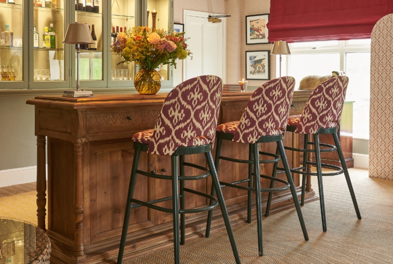 Bar Stools Burgundy Ikat Pattern High Curved Back Dark Wood