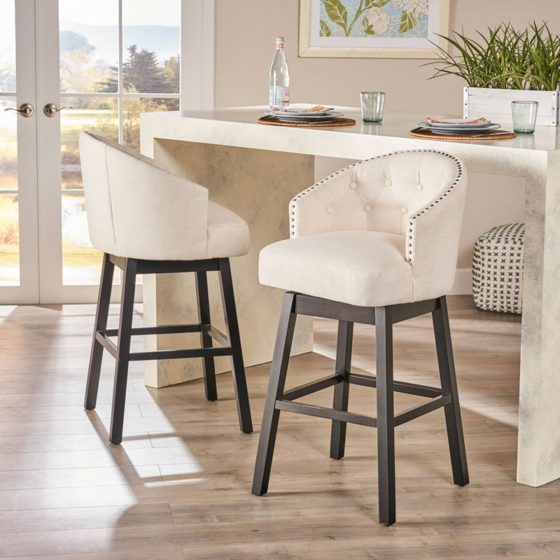 Bar Stools Button Tufted Wingback Swivel Cream Espresso Legs