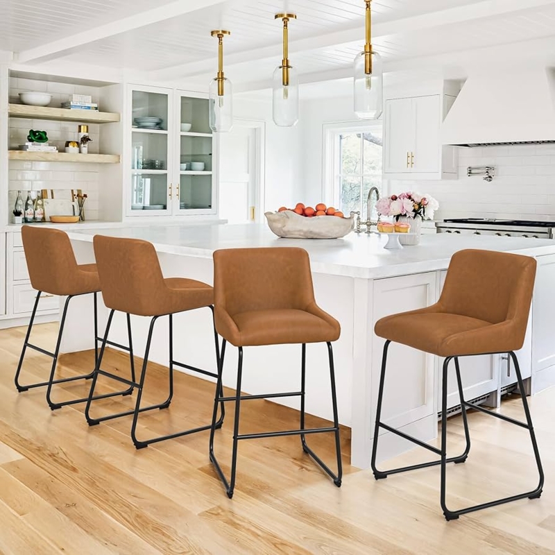 Bar Stools Cognac Leather Like Black Sled Base Low Back