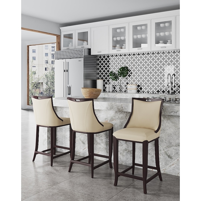 Bar Stools Cream Upholstered Walnut Wood Trim Handle Pull