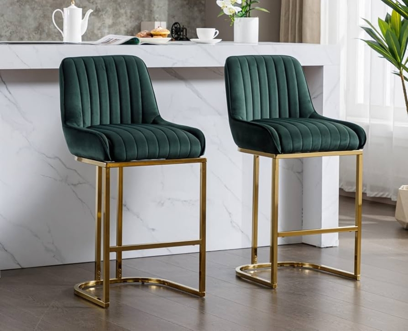 Bar Stools Emerald Green Velvet Ribbed Back Gold Sled Base