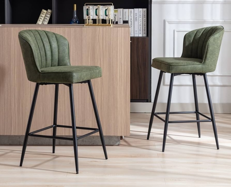Bar Stools Green Channel Tufted Leather Like Black Metal Legs
