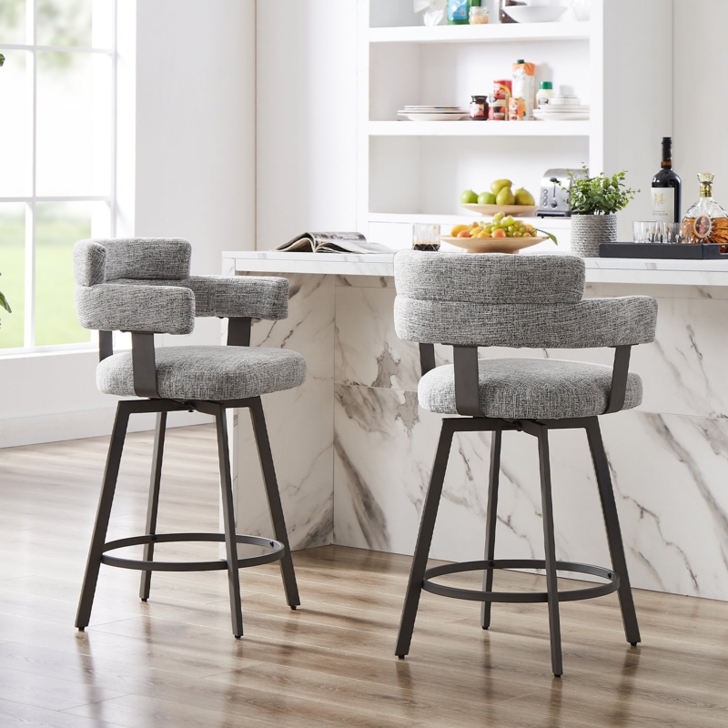 Bar Stools Grey Fabric Swivel Wrap Around Back Tapered Legs