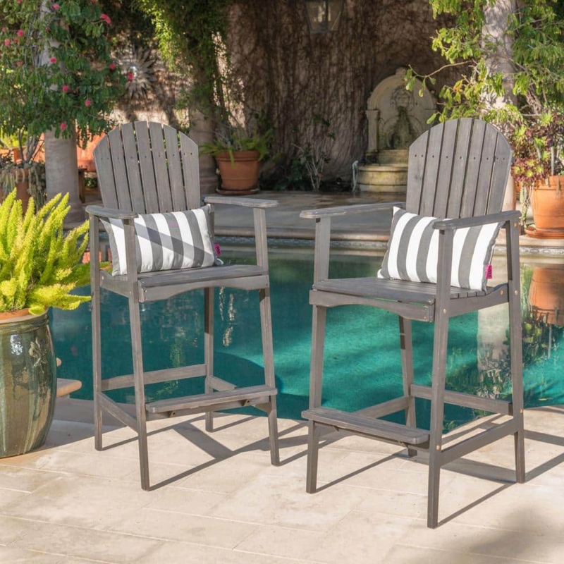 Bar Stools Grey Wash Slatted Design Weathered Wood Outdoor Seating