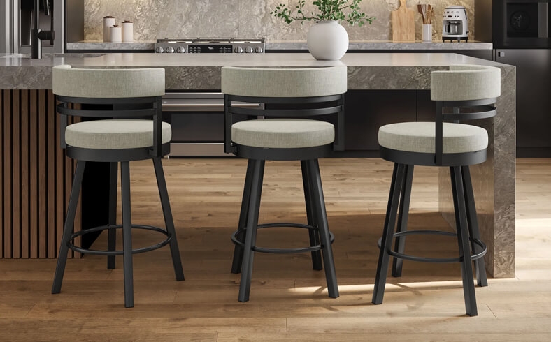 Bar Stools Matte Black Metal Oatmeal Fabric Curved Back Swivel
