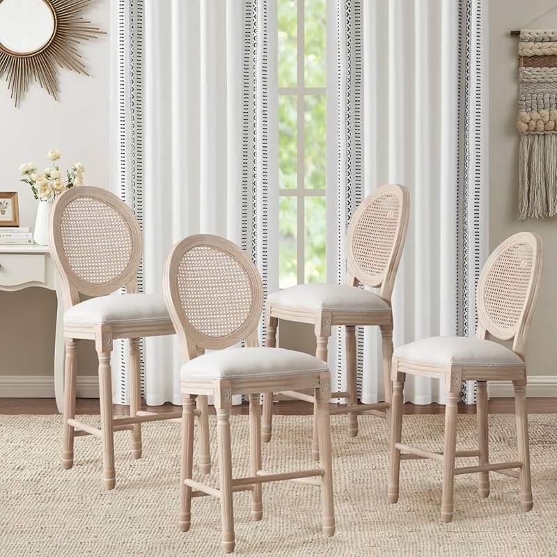 Bar Stools, Set of 4: Rattan Medallion Back Whitewashed Linen Finish