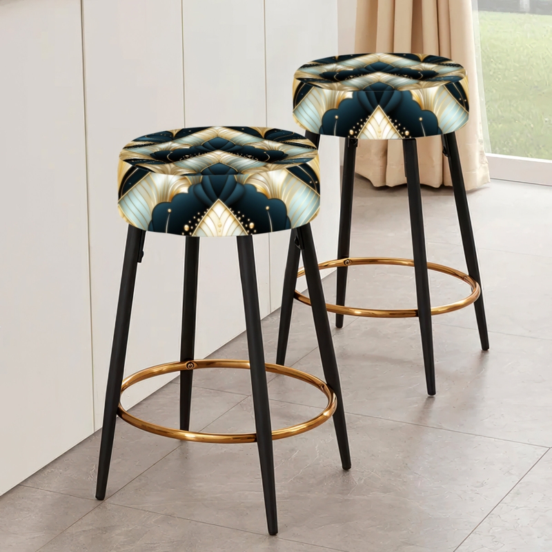 Bar Stools Set with Art Deco Patterned Seat and Emerald Metallic Finishes