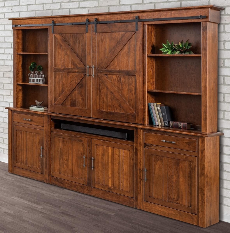 Barn Door Entertainment Center with Integrated Soundbar Shelf