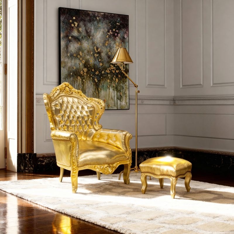 Baroque Armchair Metallic Gold Upholstery Ornate Carvings Maximalist