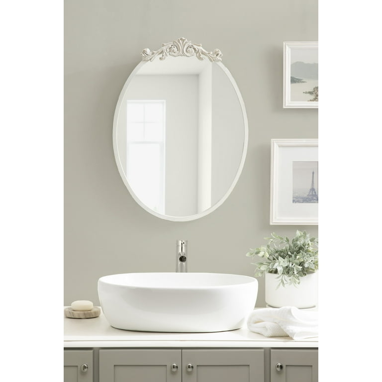 Baroque Crown Oval Mirror in Antique White Finish