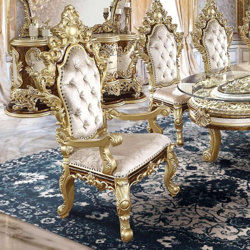 Baroque Dining Arm Chair with Antique Gold Finish and High Back
